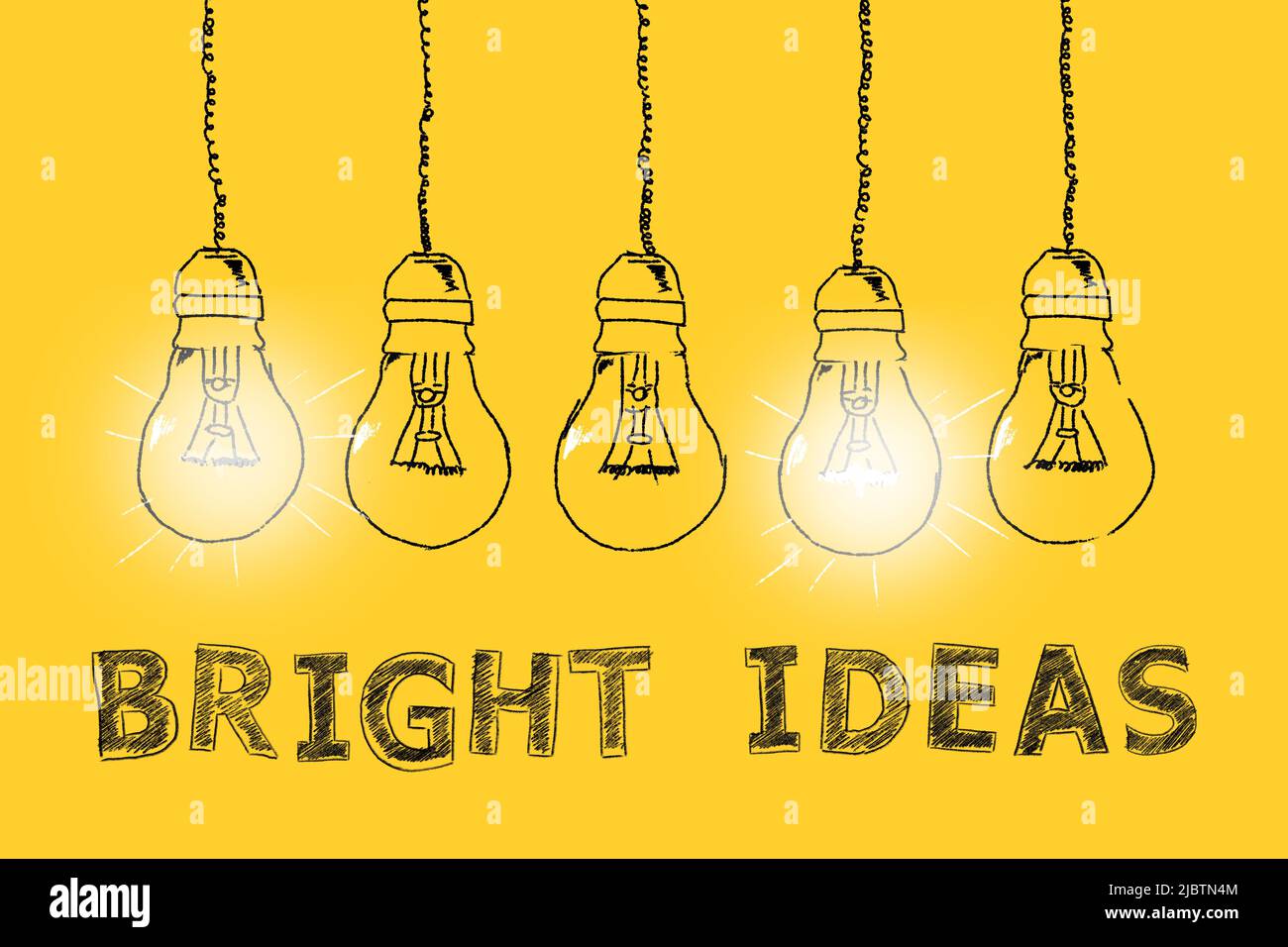 Bright ideas. Row of light bulbs hand drawn on a yellow background ...