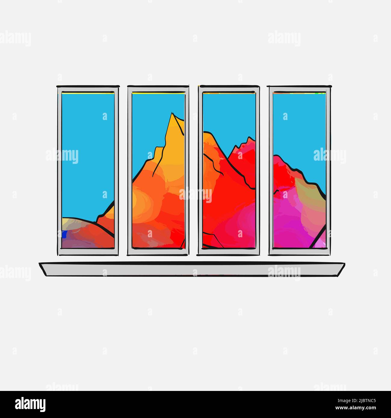 Colorful Mountains Behind Window. Real drawing by hand. Colorful vector sign. Stock Vector