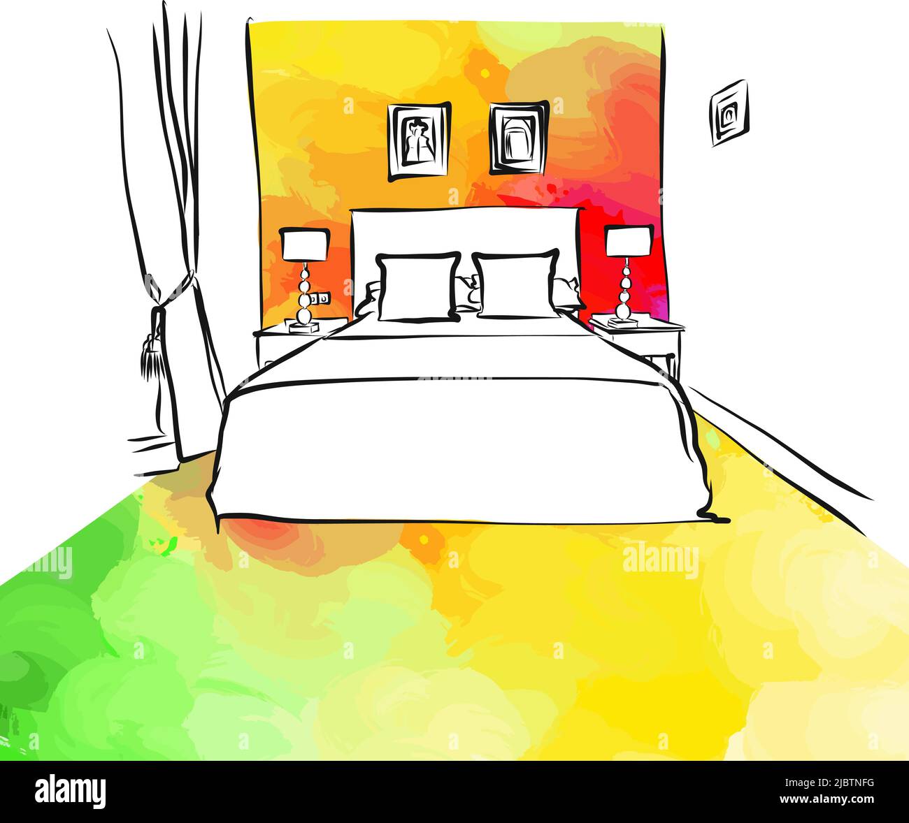 Colorful Bedroom. Real drawing by hand. Colorful vector sign. Stock Vector