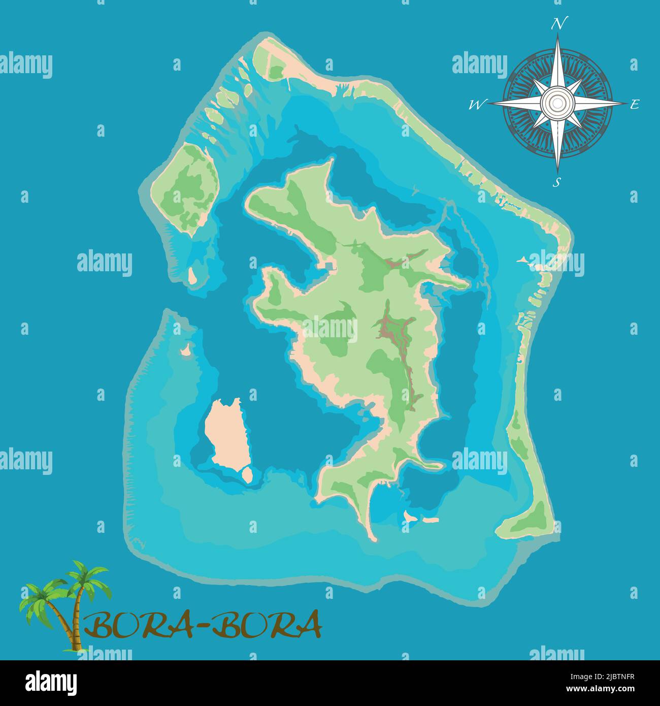 Bora-Bora Island. Realistic satellite background map. Drawn with cartographic accuracy. A bird's-eye view. Stock Vector