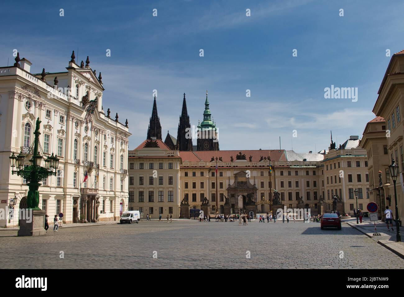 Amazing view on almost empty Hradcany square in Prague, famous Prague Castle in background. Czech Republic. Stock Photo