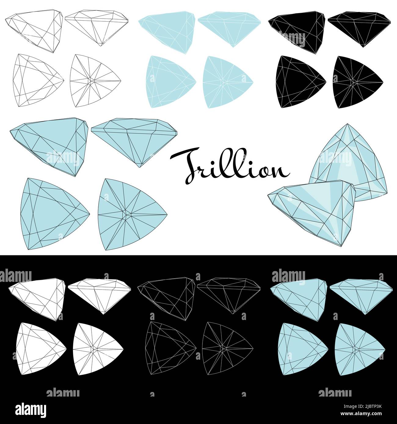 Trillion cut. Cutting gems stones. Types of diamond cut. Four