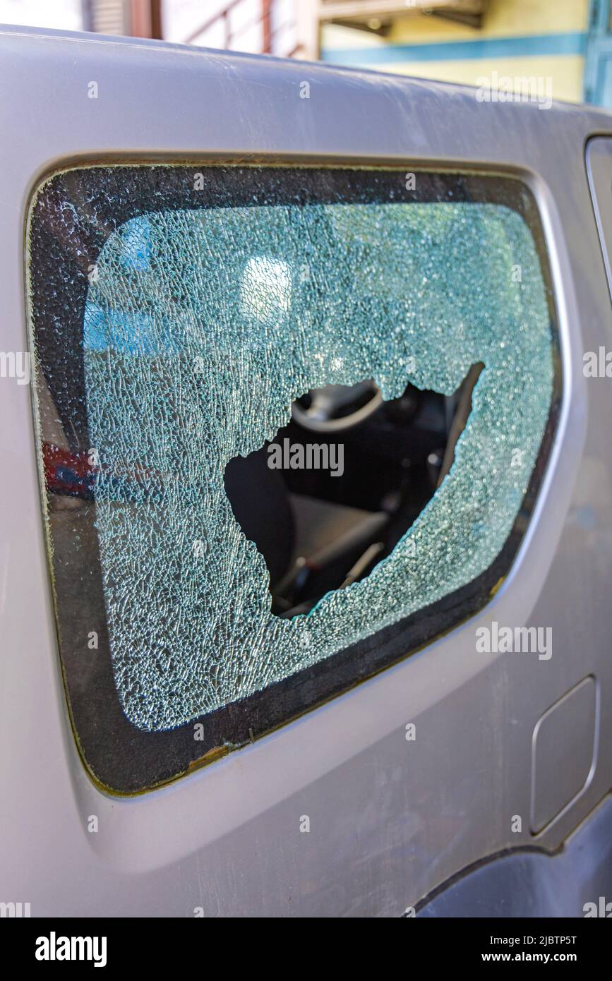 Broken Side Window Glass Damage at Small Car Burglary Stock Photo Alamy