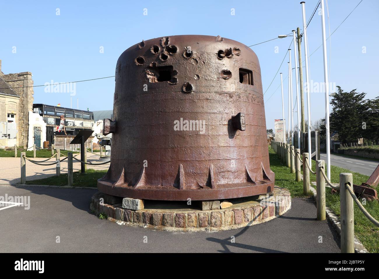 Battle Scarred 2nd World War Armoured Bell which was part of the Atlantic Wall at Cherbourg Port, D-Day Omaha Museum, Vierville-sur-Mer, Normandy, Fra Stock Photo