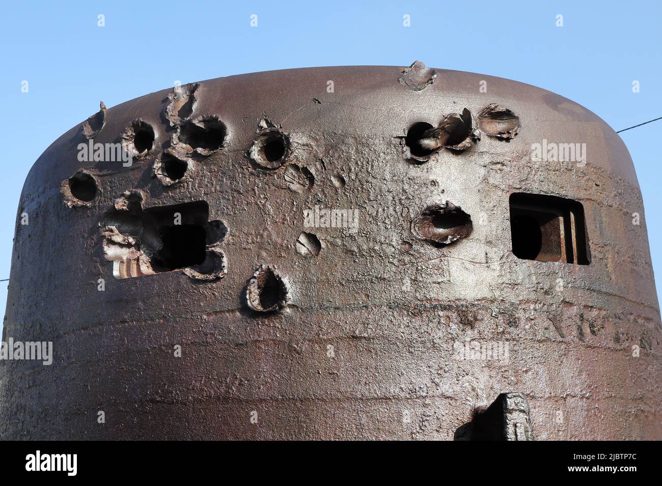 Battle Scarred 2nd World War Armoured Bell which was part of the Atlantic Wall at Cherbourg Port, D-Day Omaha Museum, Vierville-sur-Mer, Normandy, Fra Stock Photo