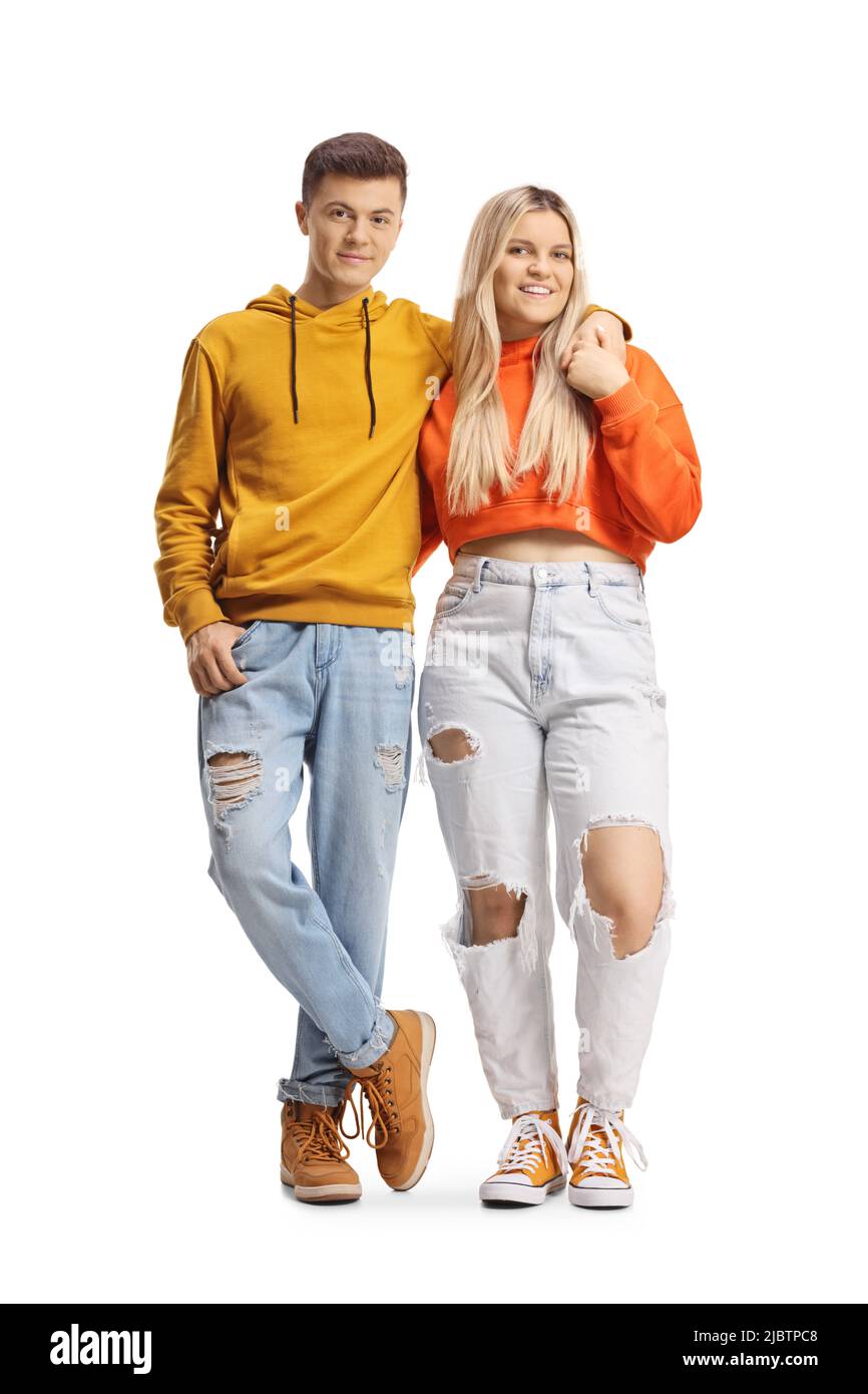 Young trendy couple posing and smiling isolated on white background Stock Photo