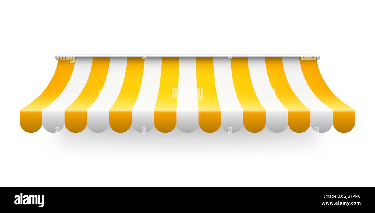 Yellow shop sunshade isolated on white background. Realistic striped ...