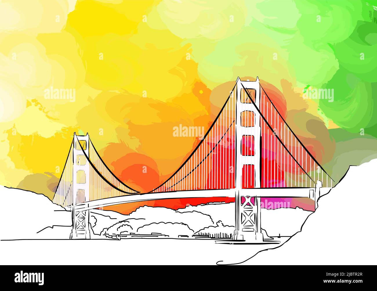 Golden Gate Bridge. Real drawing by hand. Colorful vector sign. Stock Vector