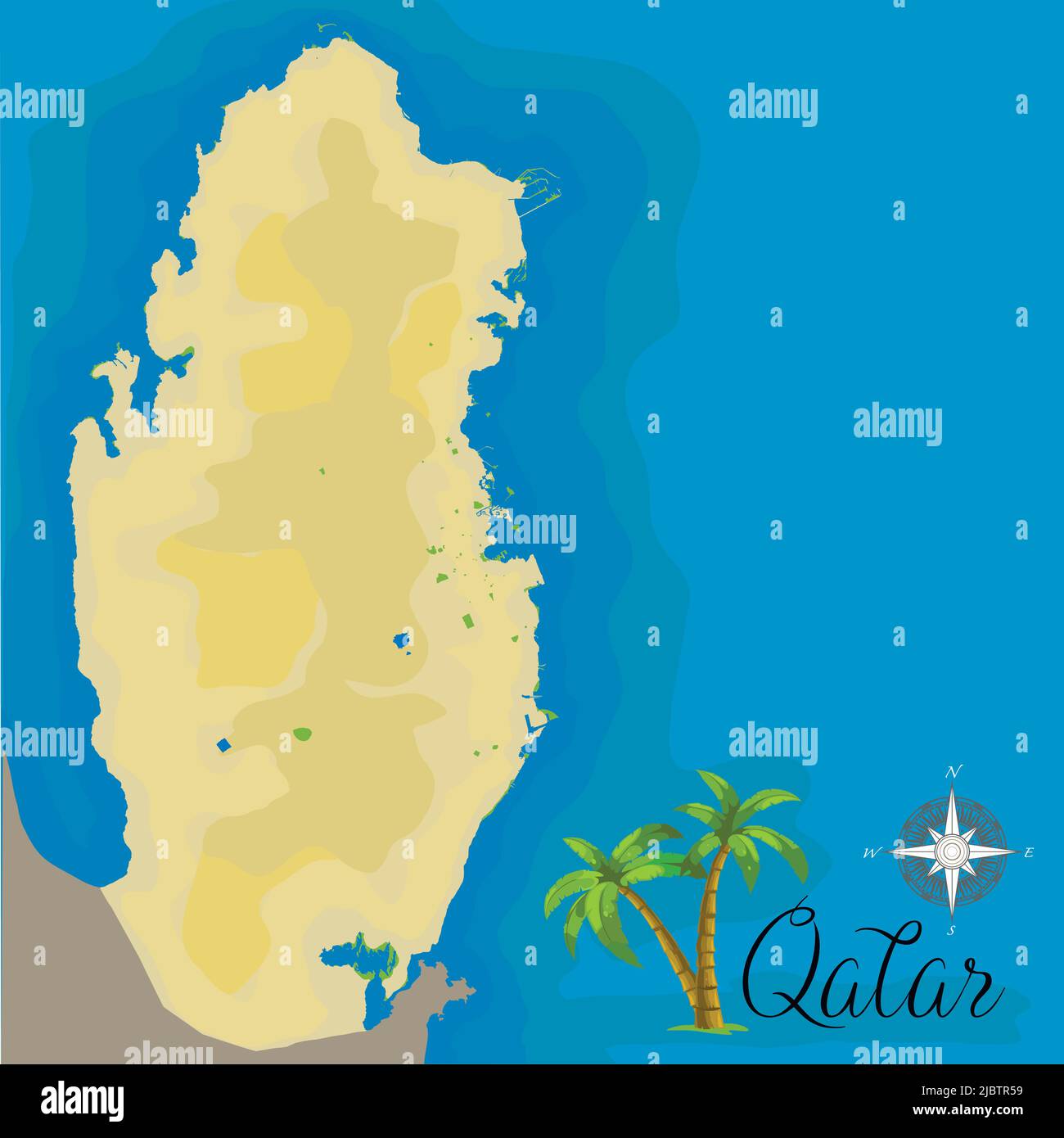 Qatar. Realistic satellite background. Drawn with cartographic accuracy. A bird's-eye view. Stock Vector