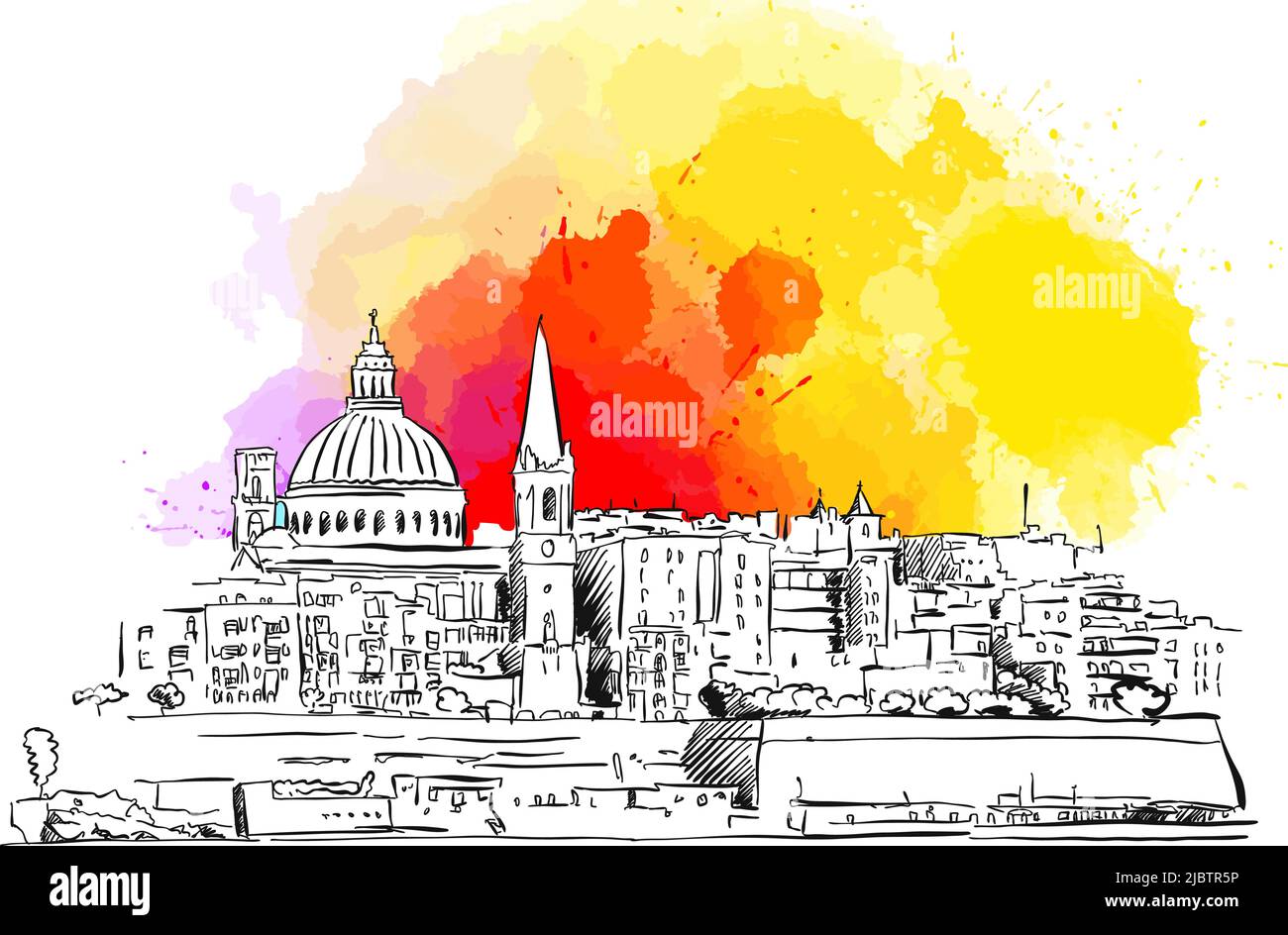 Valetta Skyline. Real drawing by hand. Colorful vector sign. Stock Vector