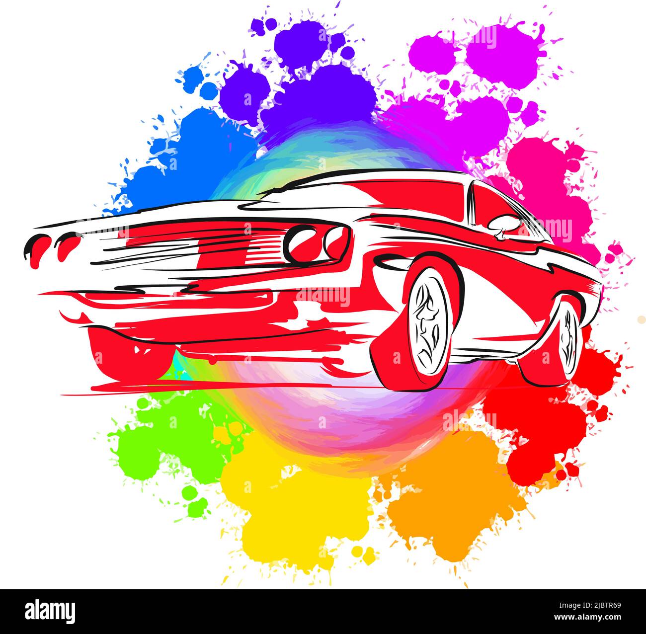 Vintage Muscle Car. Real drawing by hand. Colorful vector sign. Stock Vector