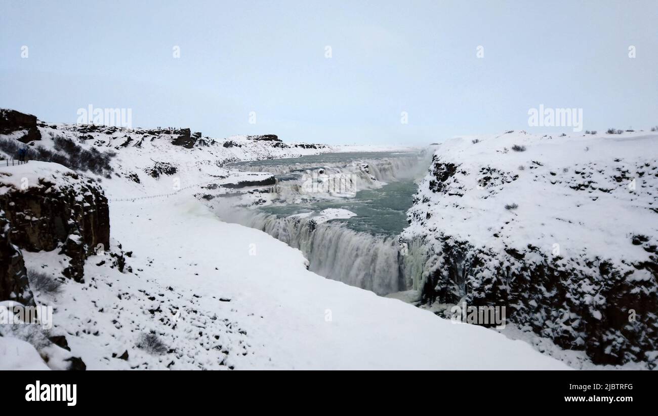 Gullfoss waterfall view in the canyon of the Hvita river during winter snow in Iceland. Stock Photo