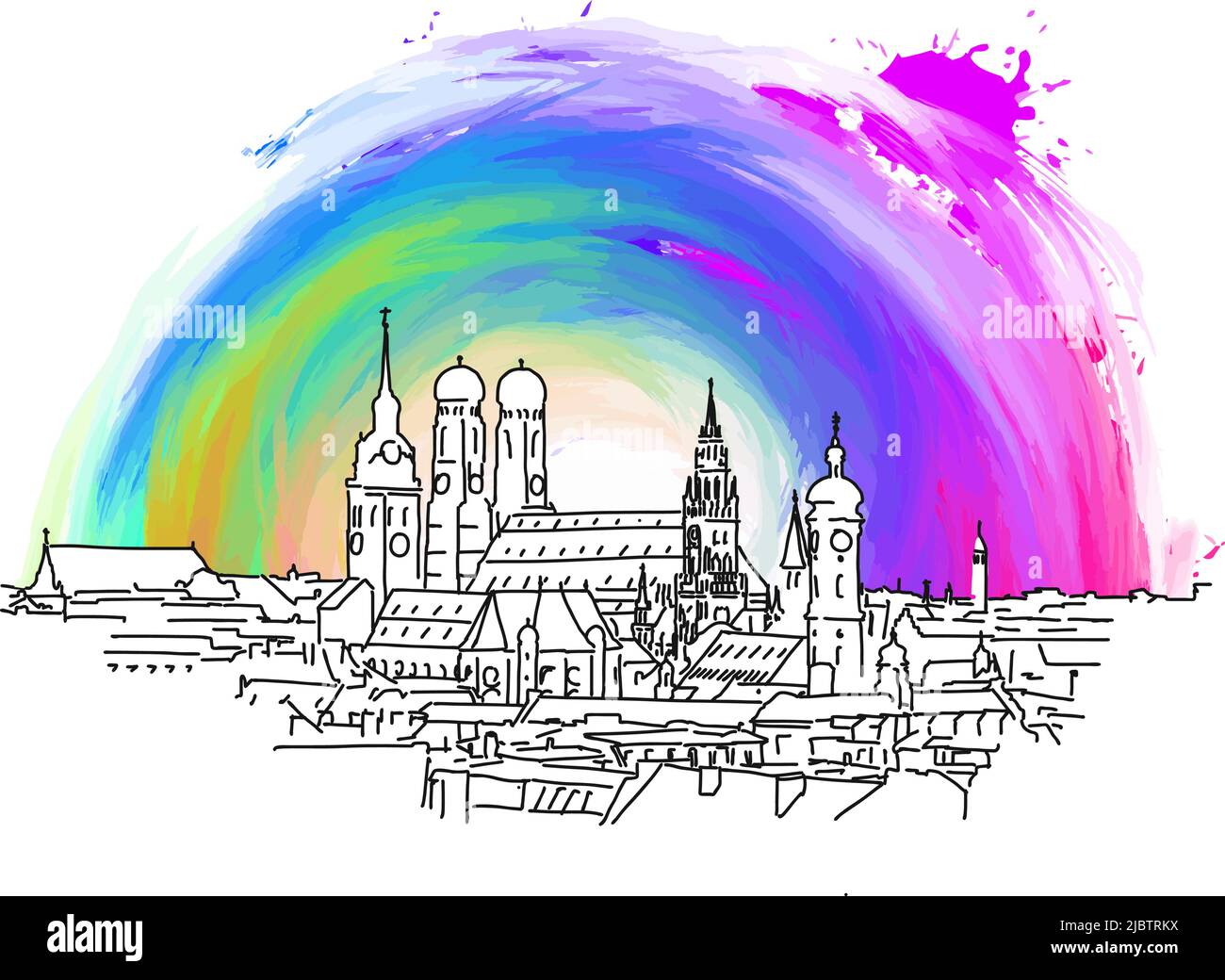 Munich Skyline. Real drawing by hand. Colorful vector sign. Stock Vector