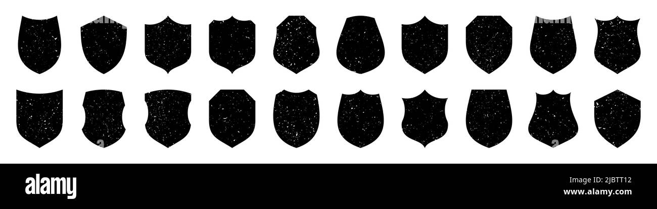 Set of various vintage shield icons. Black heraldic shields with grunge ...
