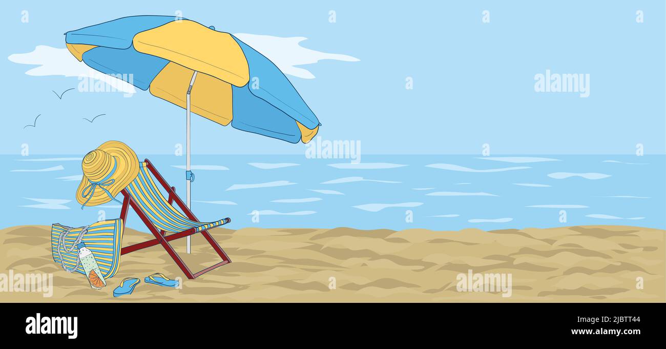 Сhaise-longue on the beach under an umbrella against the background of the sea or ocean. Vacation illustration by the sea. Stock Vector