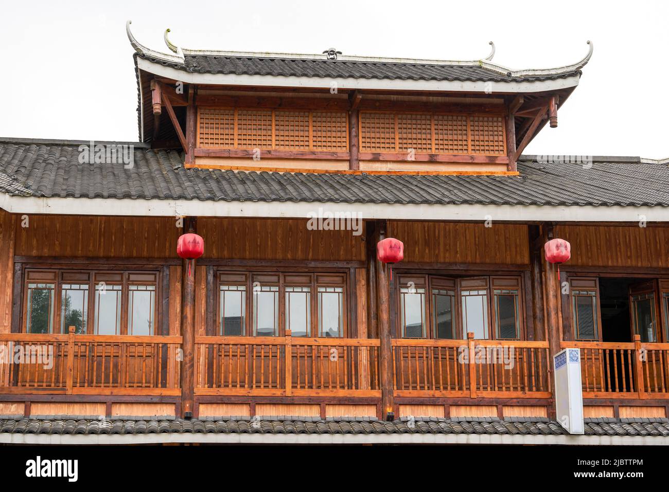 Closeup of traditional Chinese wooden and bamboo buildings Stock Photo
