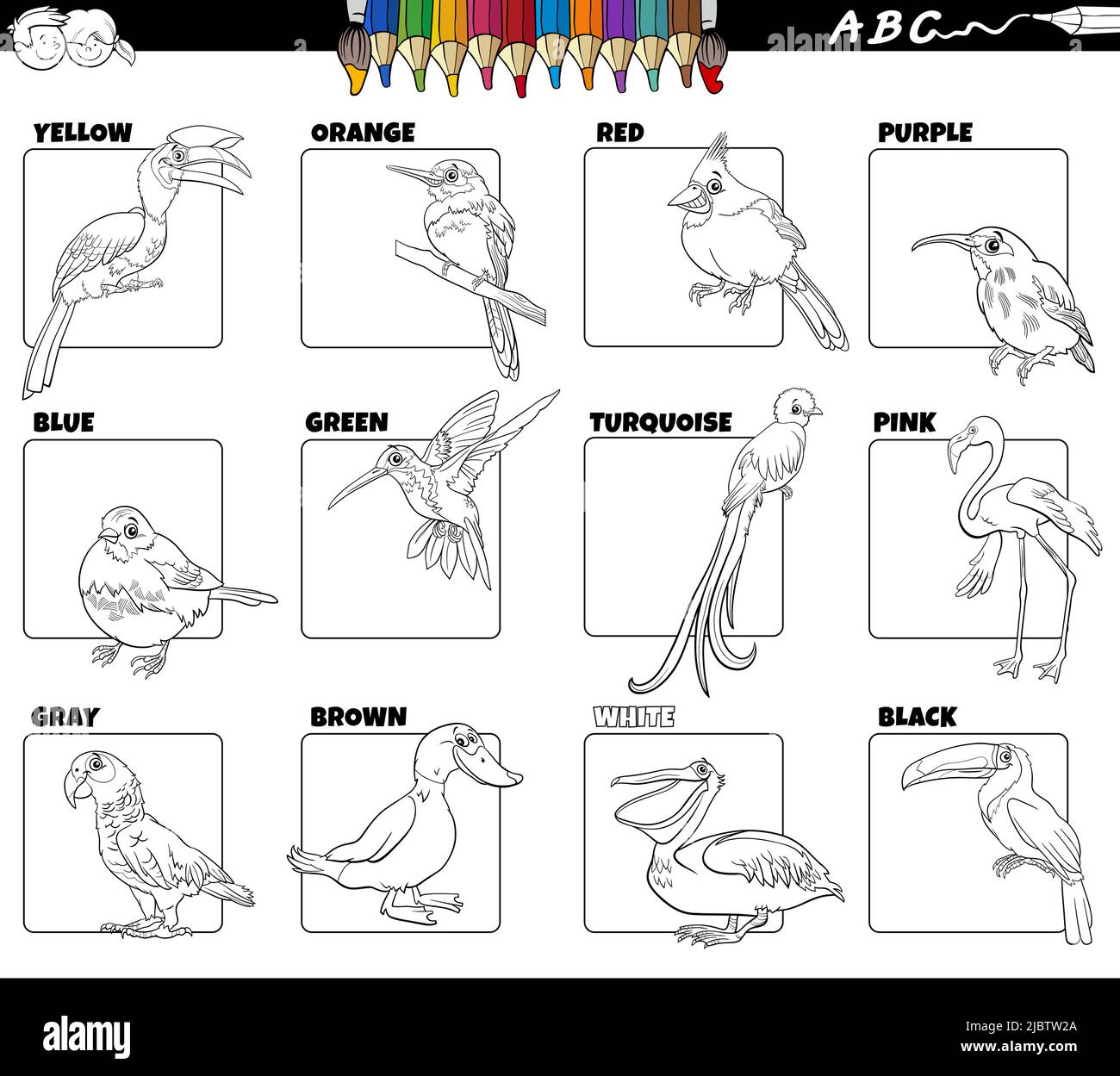Black and white cartoon illustration of basic colors with comic birds animal characters educational set coloring page Stock Vector