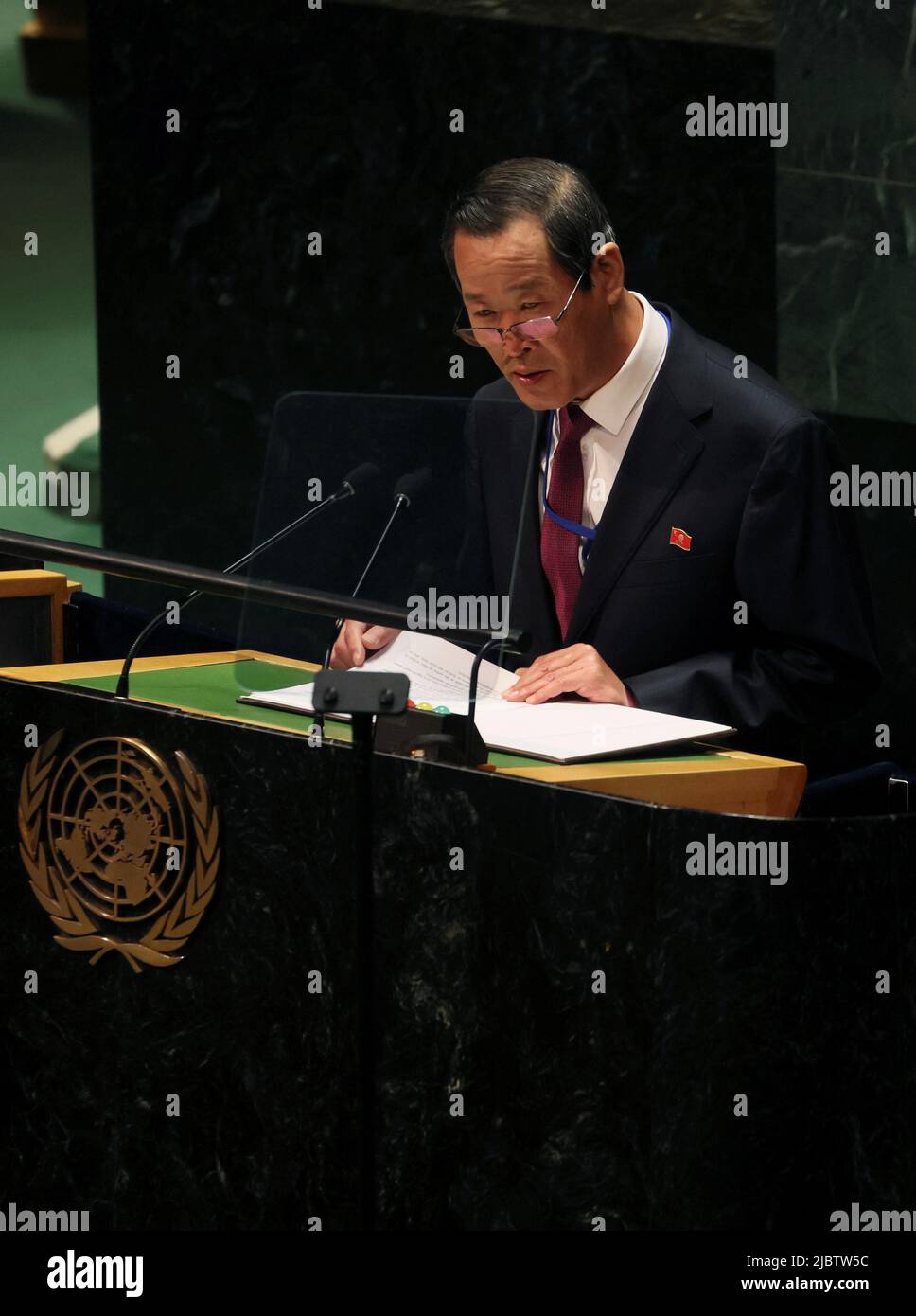 North Korea's Ambassador to the United Nations Kim Song speaks during a meeting of the U.N. General Assembly after China and Russia vetoed new sanctions on North Korea in the U.N. Security Council, at U.N. headquarters in New York City, New York, U.S., June 8, 2022. REUTERS/Mike Segar Stock Photo
