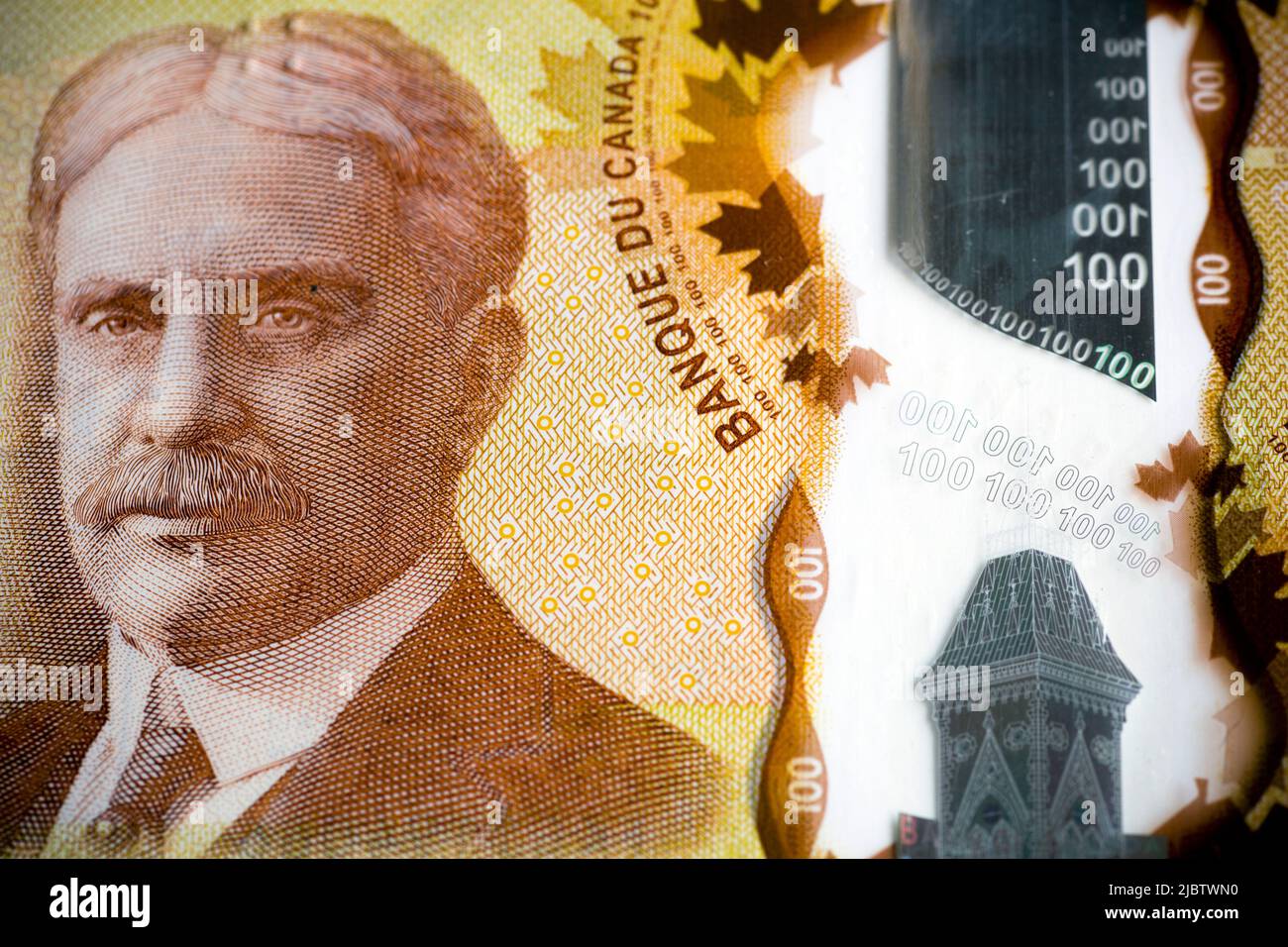 Detail of the Canadian 100 dollar bill, featuring the face of Sir Robert Borden (1854-1937), who was prime minister of Canada during World War I (1914 Stock Photo