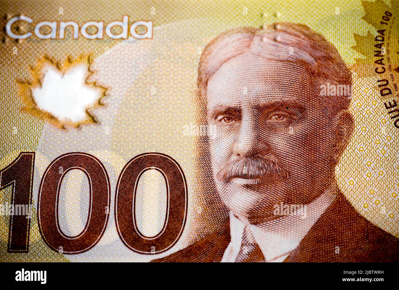 Detail of the Canadian 100 dollar bill, featuring the face of Sir Robert Borden (1854-1937), who was prime minister of Canada during World War I (1914 Stock Photo