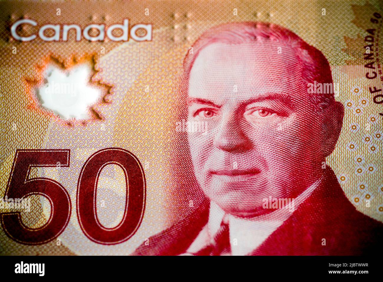 Close up detail of the Canadian 50 dollar bill featuring the face of William Lyon Mackenzie King (1874-1950), the famously eccentric prime minister wh Stock Photo