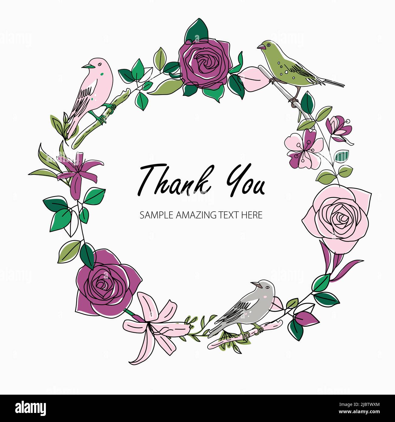Vintage Greeting Card with Blooming Flowers and Birds. Thank You with ...