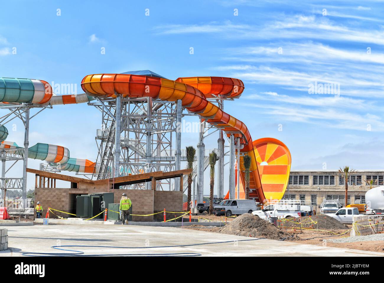 IRVINE, CALIFORNIA -6 JUNE 2022: Water Slide construction at Wild Rivers Water Park at the Orange County Great Park. Stock Photo