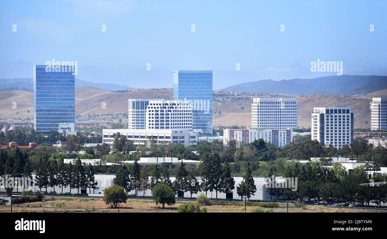 IRVINE, CALIFORNIA -6 JUNE 2022: Panoramic Aerial shot of  Irvine. Viewed from the Great Park Balloon. Stock Photo