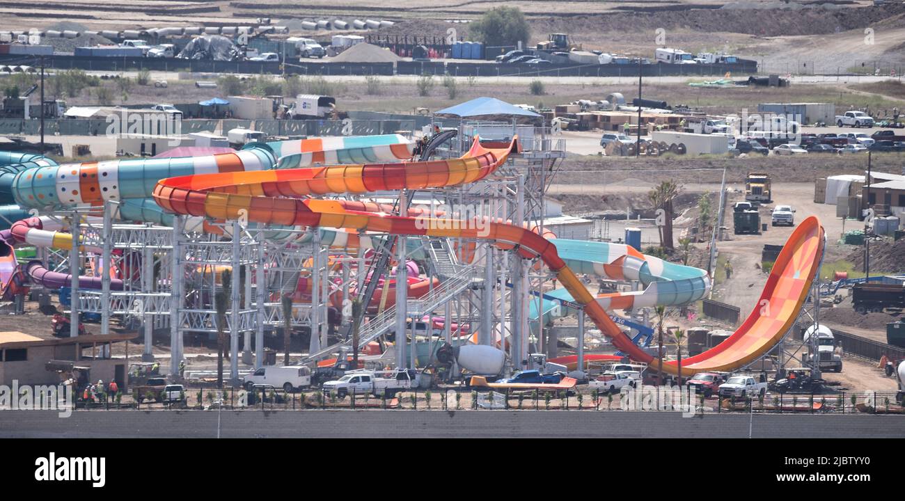 IRVINE, CALIFORNIA -6 JUNE 2022: Water Slide construction at Wild Rivers Water Park at the Orange County Great Park. Stock Photo