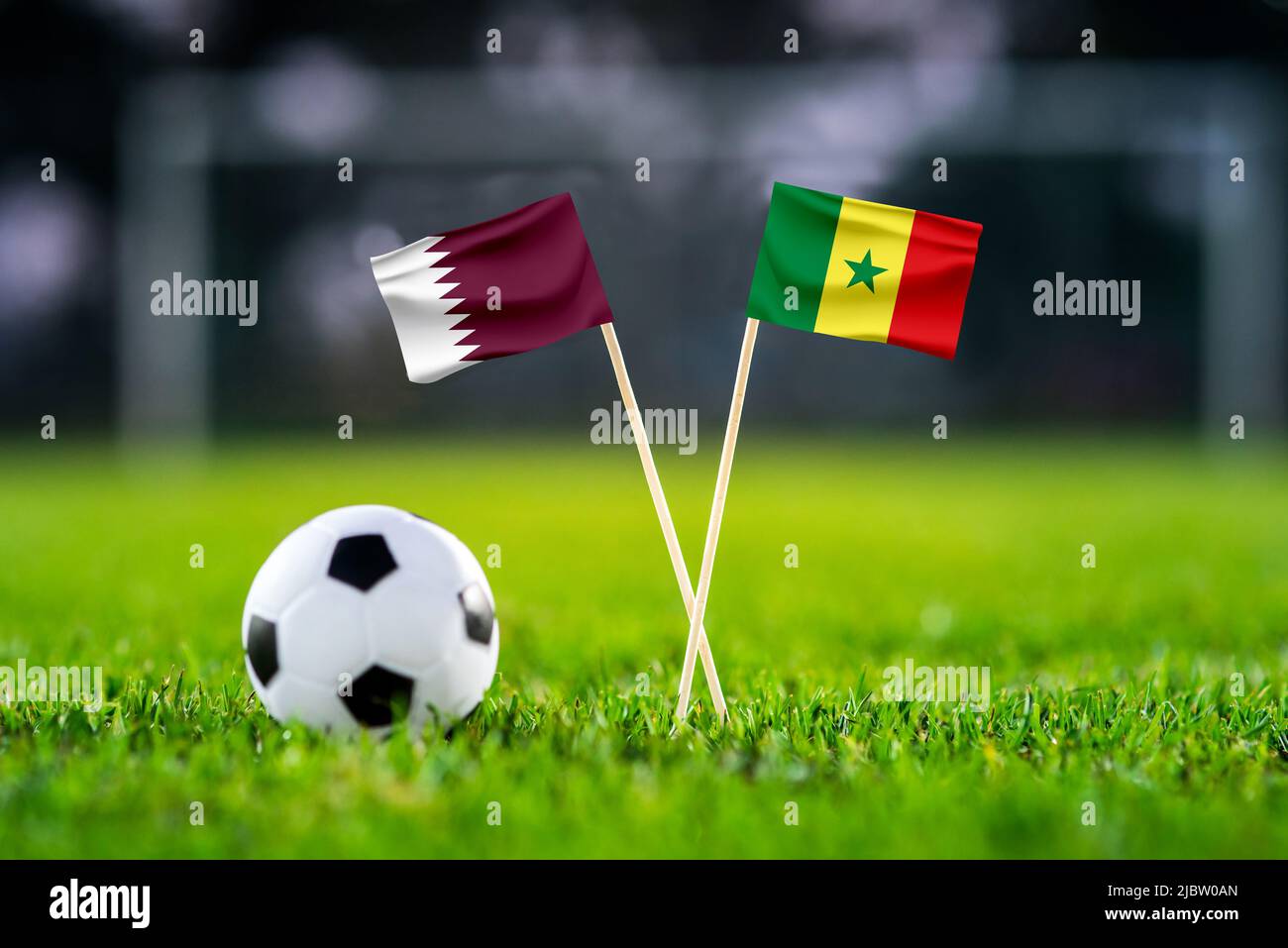 Qatar vs. Senegal, Al Thumama, Football match wallpaper, Handmade national flags and soccer ball on green grass. Football stadium in background. Black Stock Photo