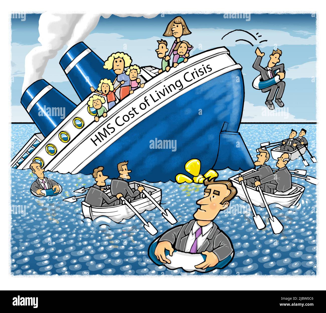 Cartoon art: cost of living crisis, families stranded on a sinking ship, men in suits, representing big business and banks, leaving the sinking ship. Stock Photo