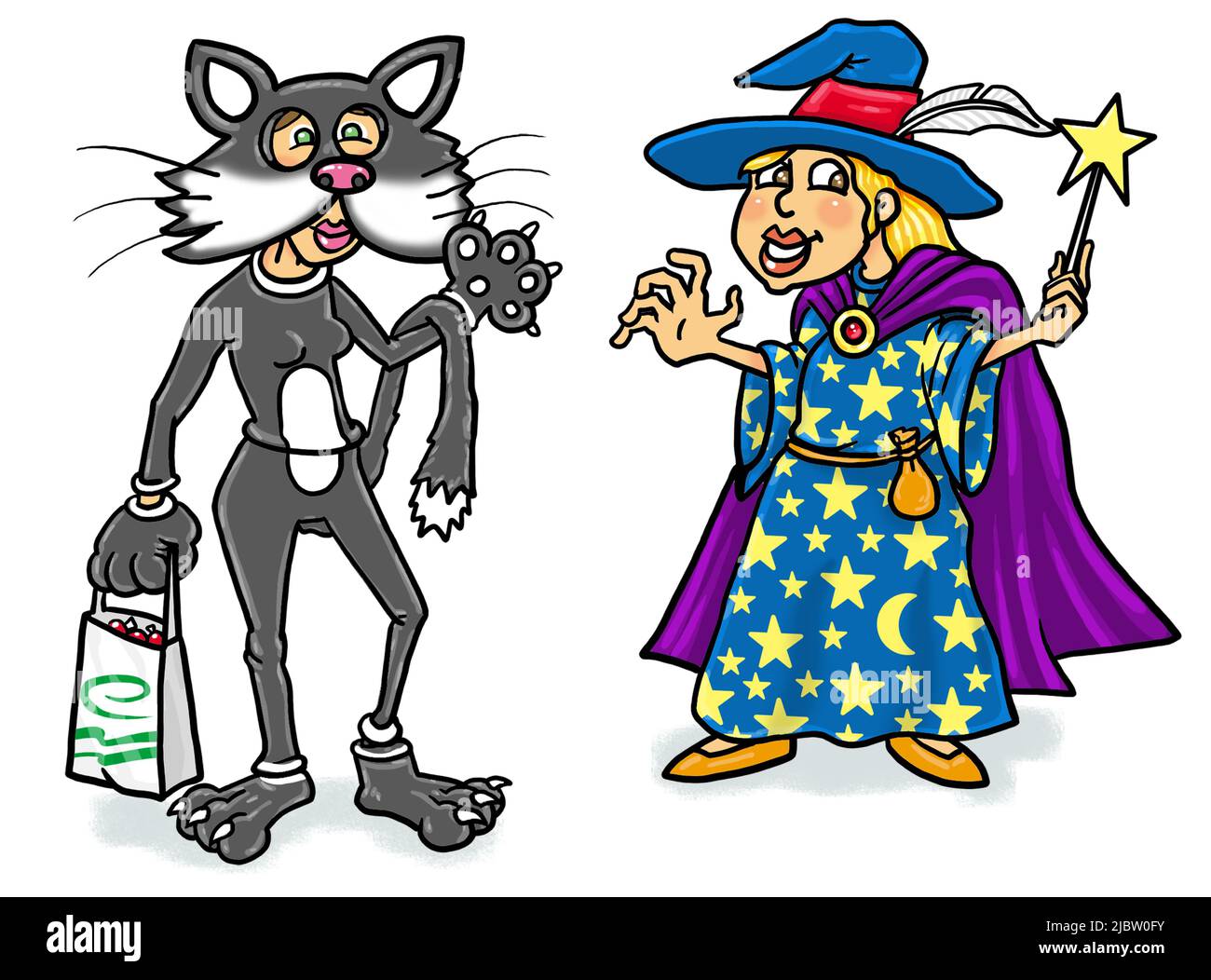 Cartoon art, two children dressed up in Halloween costumes fancy dress ready to go trick or treating, festive fun, seasonal events, playing dress-up. Stock Photo