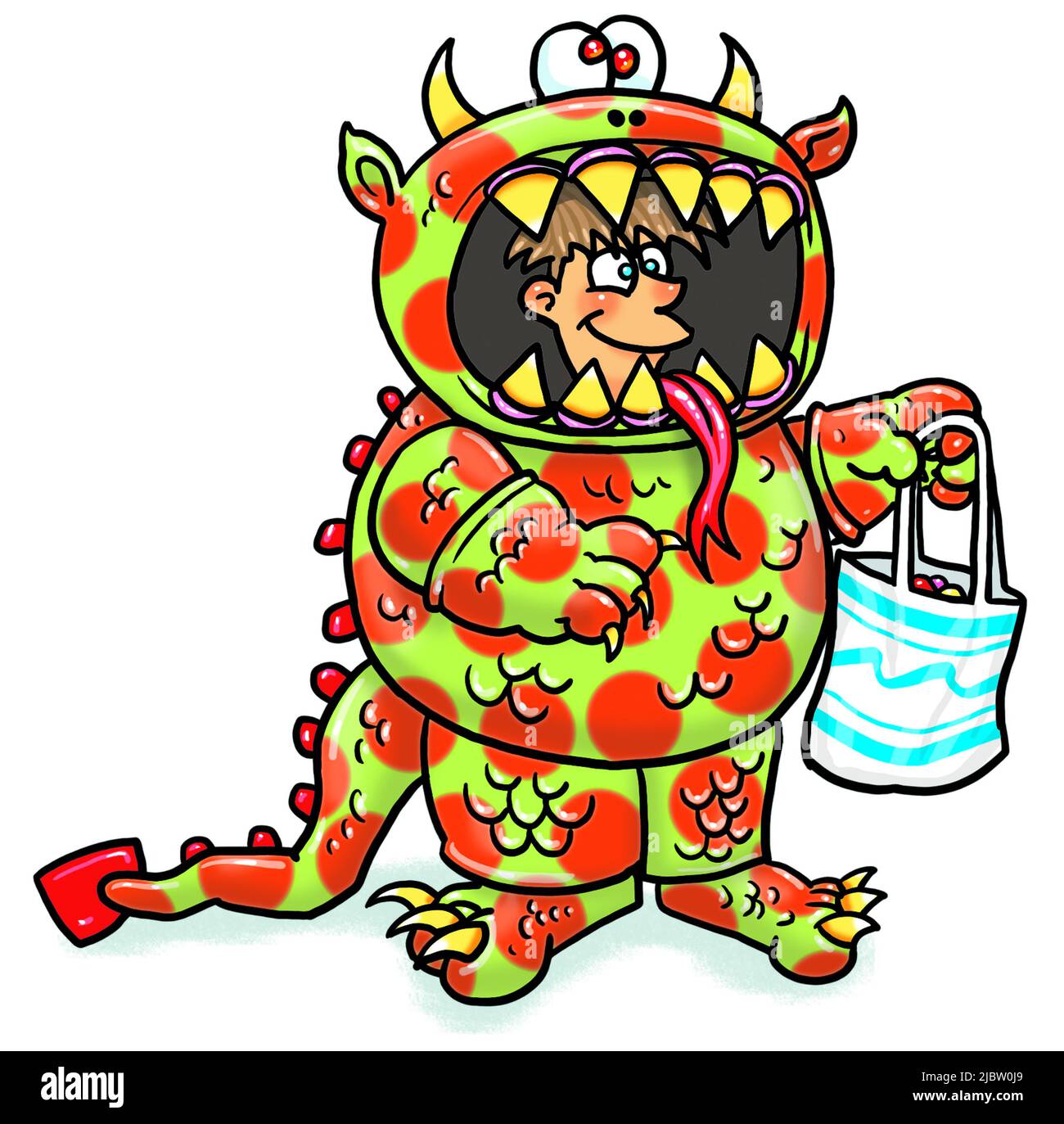Cartoon art of a child dressed up as a dragon for Halloween, ready to go trick or treating, wearing fancy dress, costuming, playing dress up, Autumn. Stock Photo