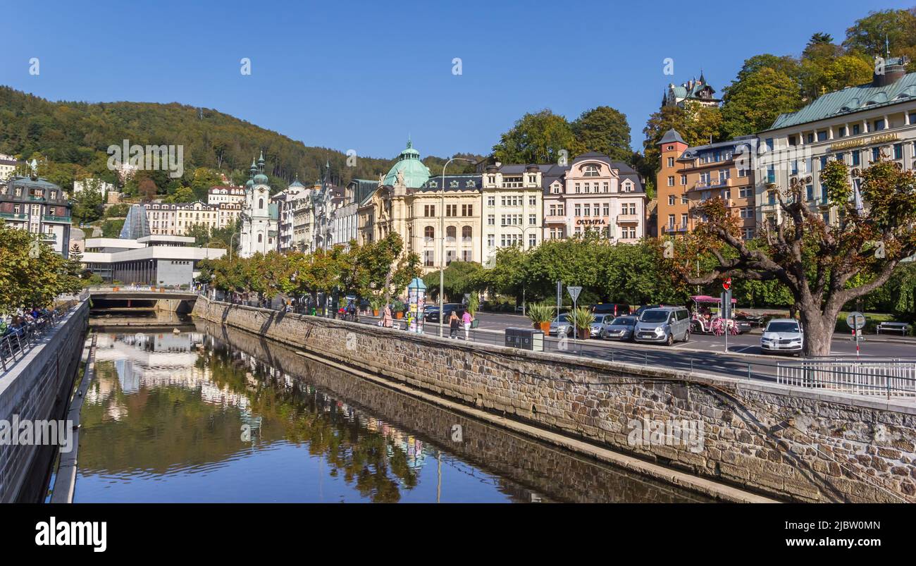 River Tepla in the historic center of Karlovy Vary, Czech Republic Stock Photo