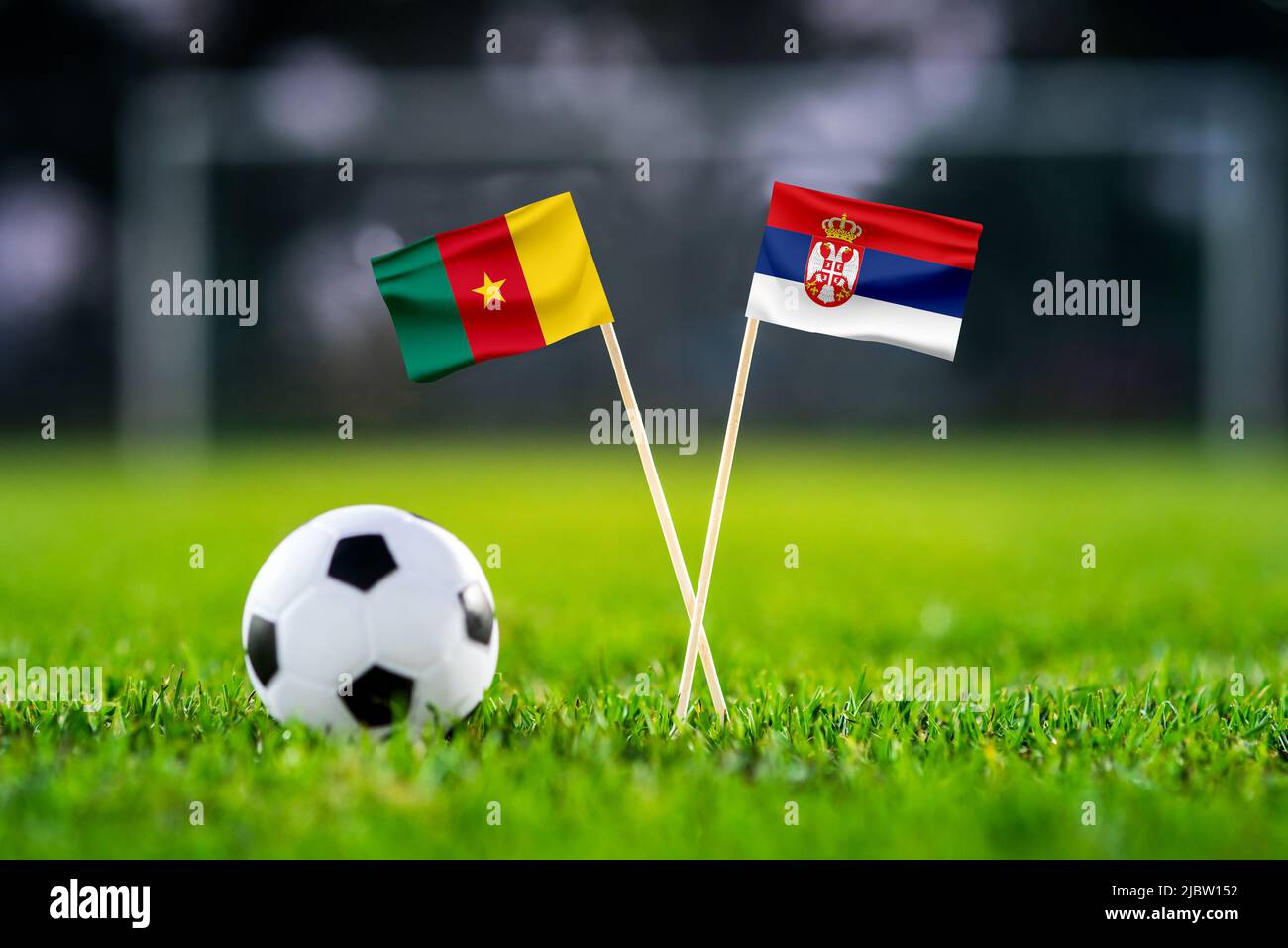 Cameroon vs. Serbia, Al Janoub, Football match wallpaper, Handmade national flags and soccer ball on green grass. Football stadium in background. Blac Stock Photo