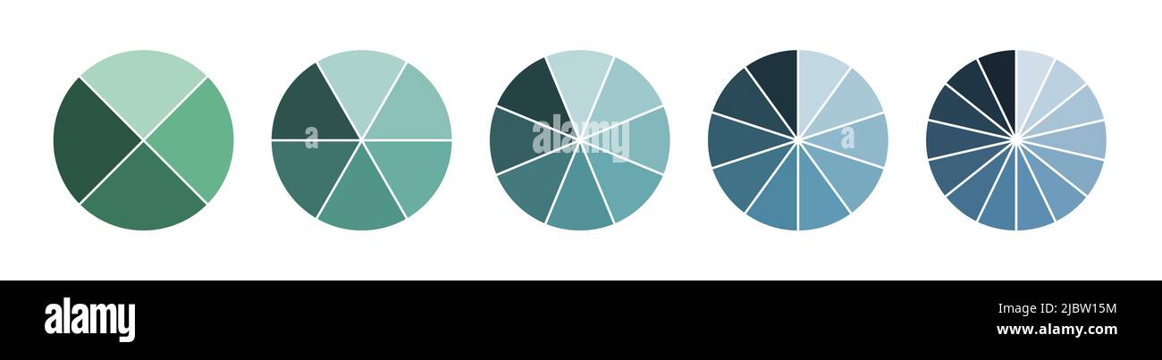Set of pie chart diagrams. Circles cut on 4, 6, 8, 10 and 14 slices. Shades of green and blue gradient on white background, simple flat design vector Stock Vector