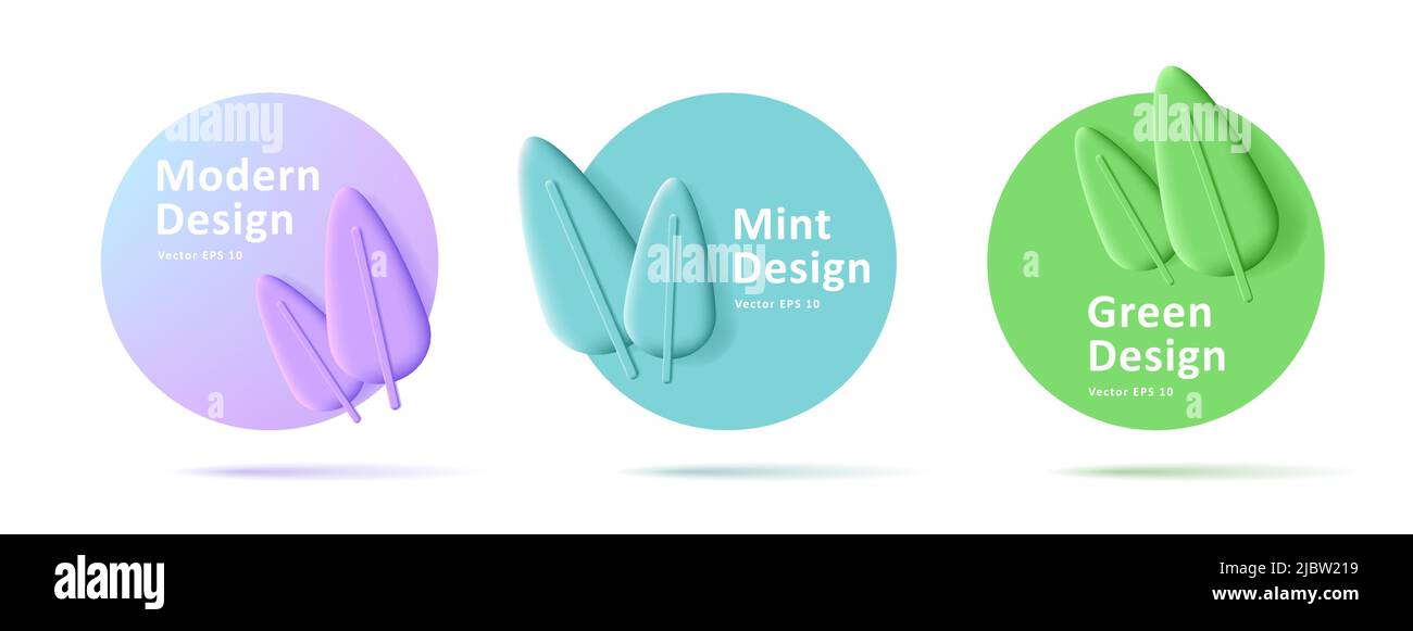 Round labels with 3d render leaves illustration, promo element. Vector ...