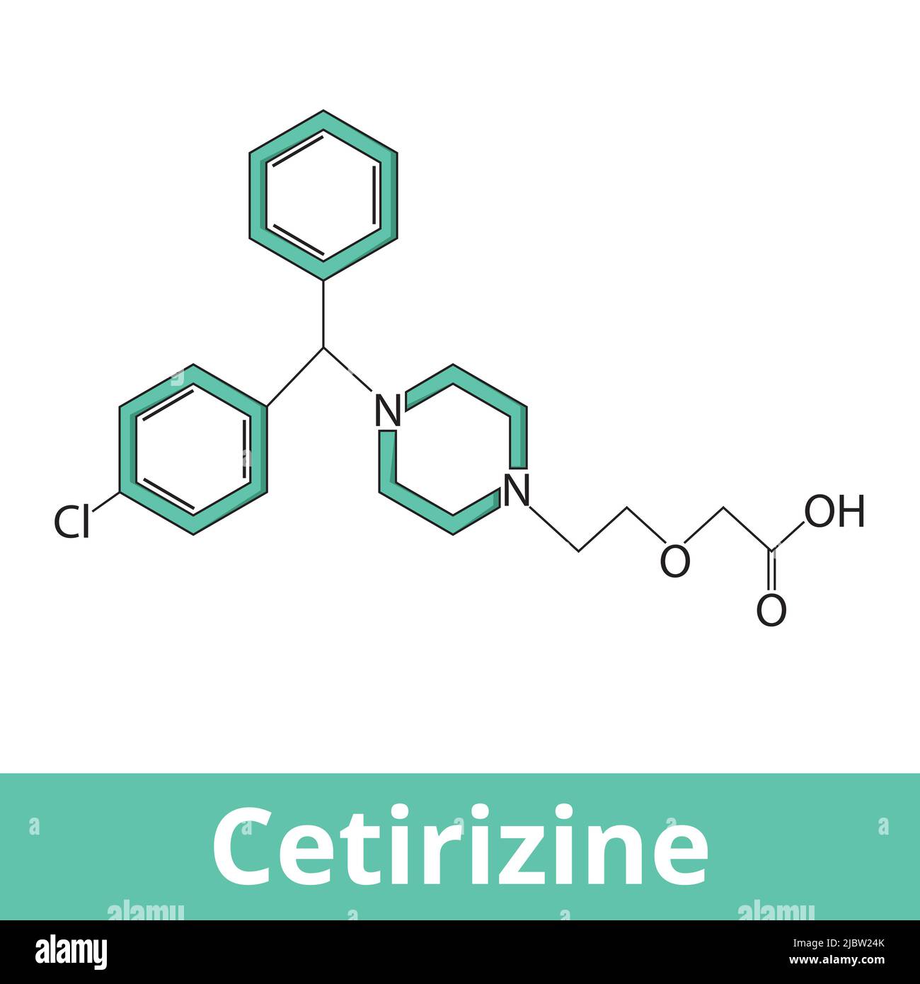Chemical structure of cetirizine. It is a second-generation antihistamine used to treat allergic rhinitis (hay fever), dermatitis, and urticaria Stock Vector