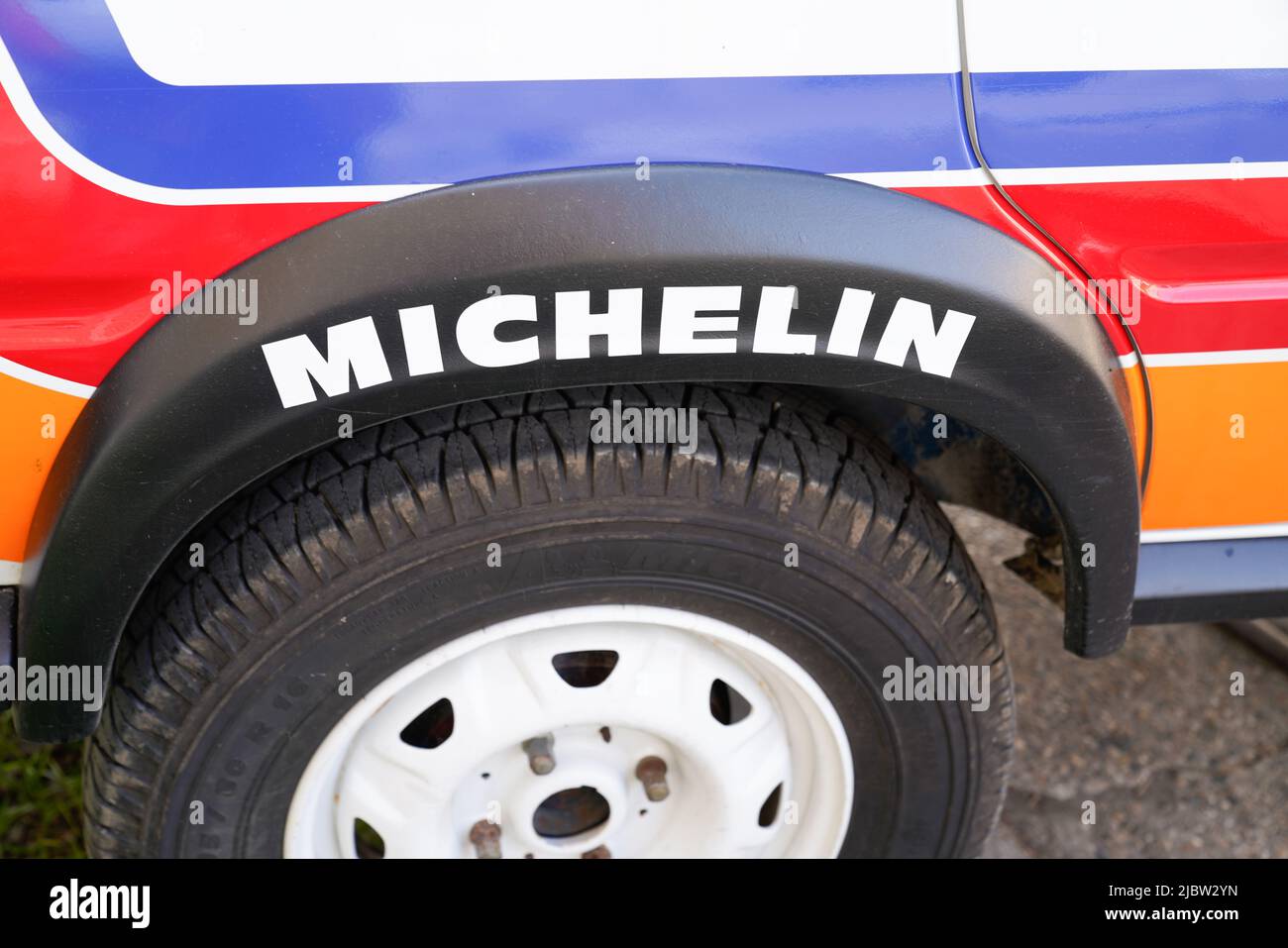 Bordeaux , Aquitaine  France - 05 15 2022 : Michelin text brand and logo sign tyre on rally side car of tire manufacturer sport vehicle Stock Photo