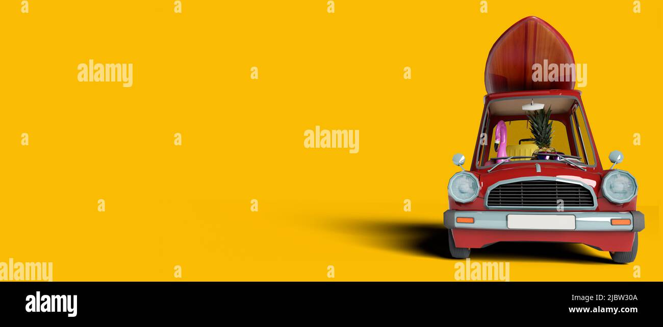 Red retro car with luggage on the roof ready for summer travel. Copy ...