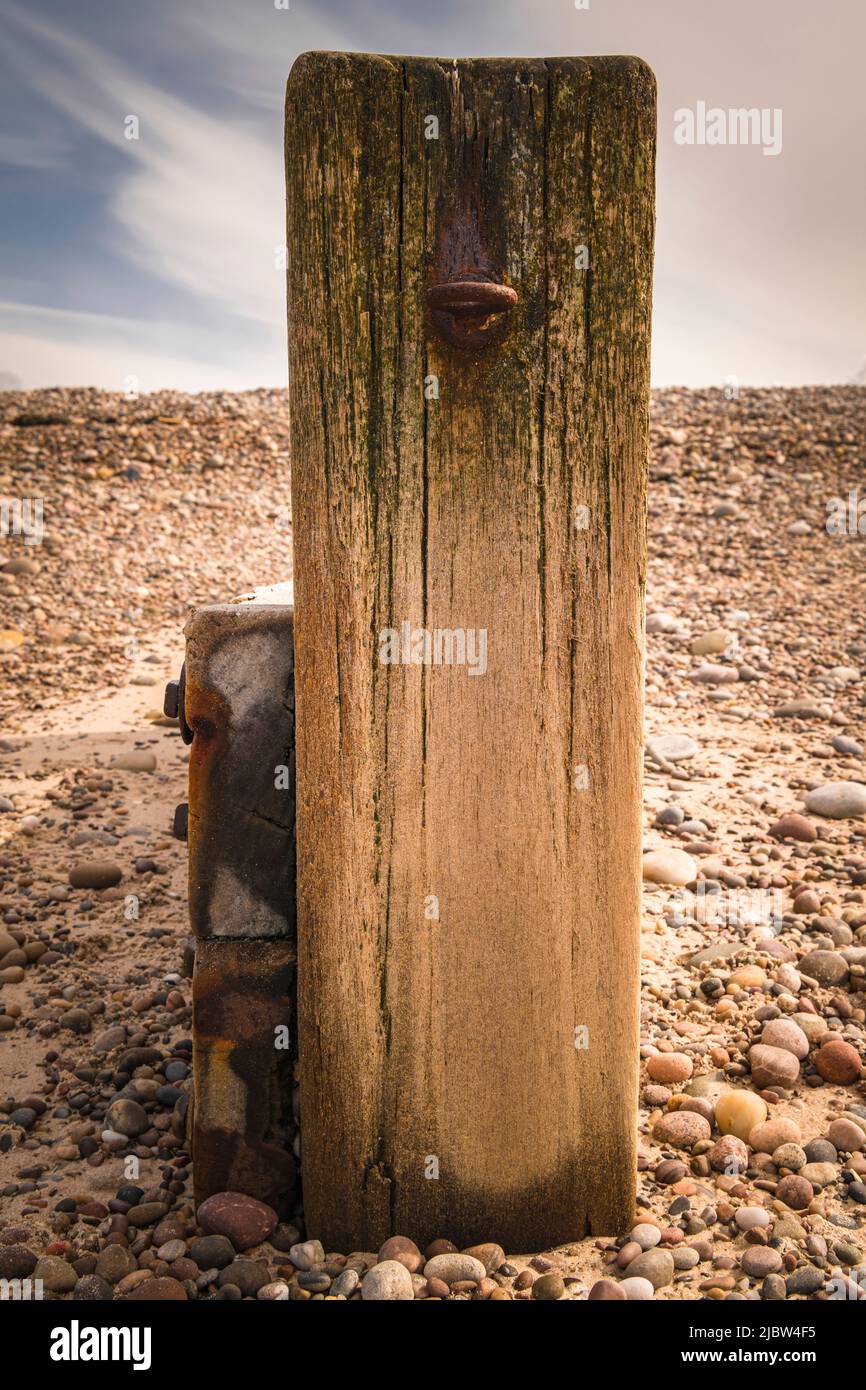 A summer portrait HDR image of a wooden breakwater endpost with an eyebolt in on Findhorn Beach, Moray, Scotland. 30 May 2022 Stock Photo