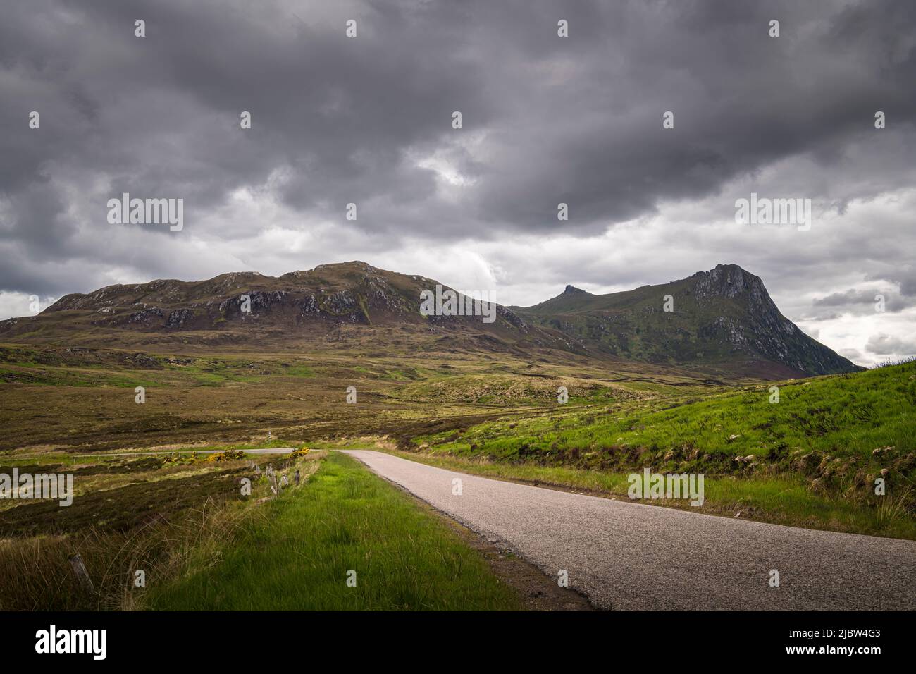 A cloudy summer landscape HDR image of Ben Loyal from the A836 en route to Tongue in Sutherland, Scotland. 31 May 2022 Stock Photo