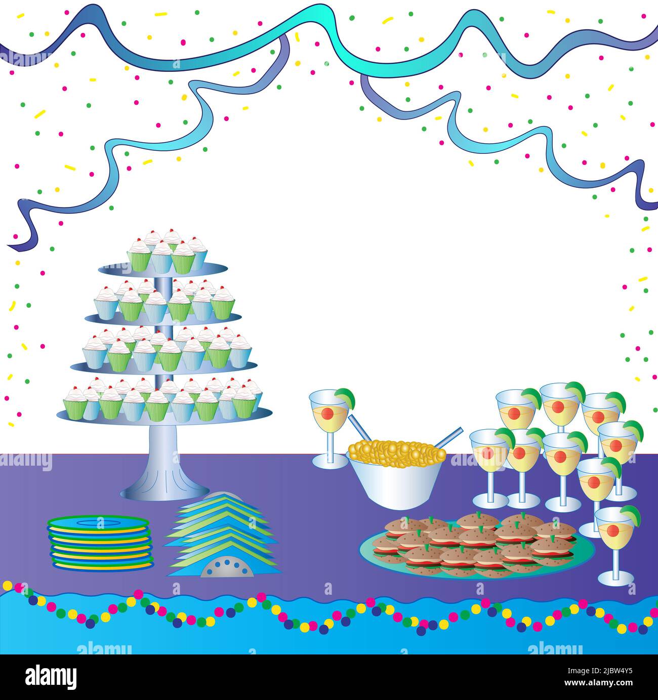 Graphic Party Image including 4-tier Cupcake Tray, drinks, food, and decorations Stock Photo