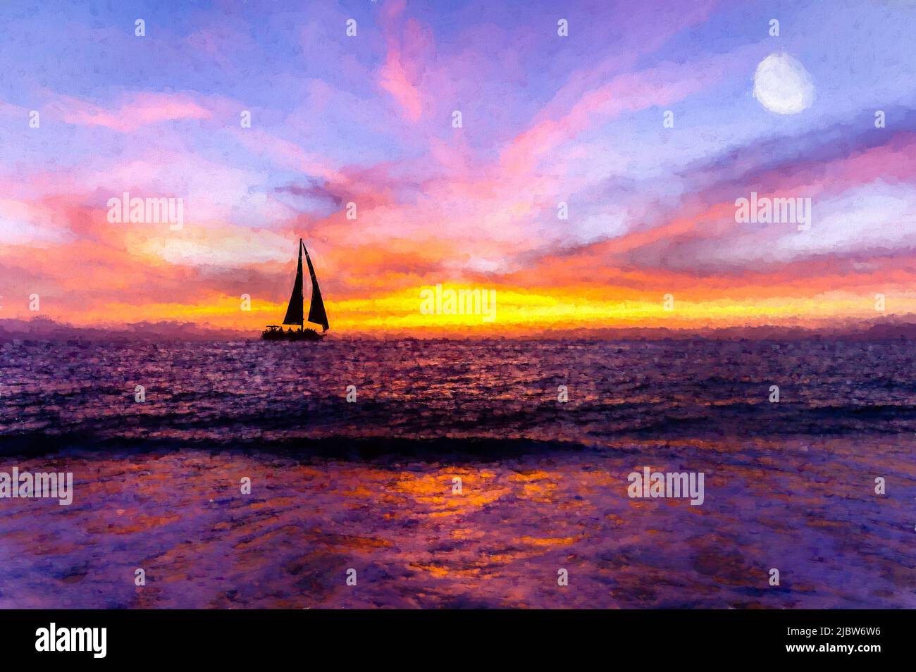 A Sailboat Is Sailing Along The Ocean At Sunset With A Full Moon Rising In Illustration Painting Format Stock Photo Alamy