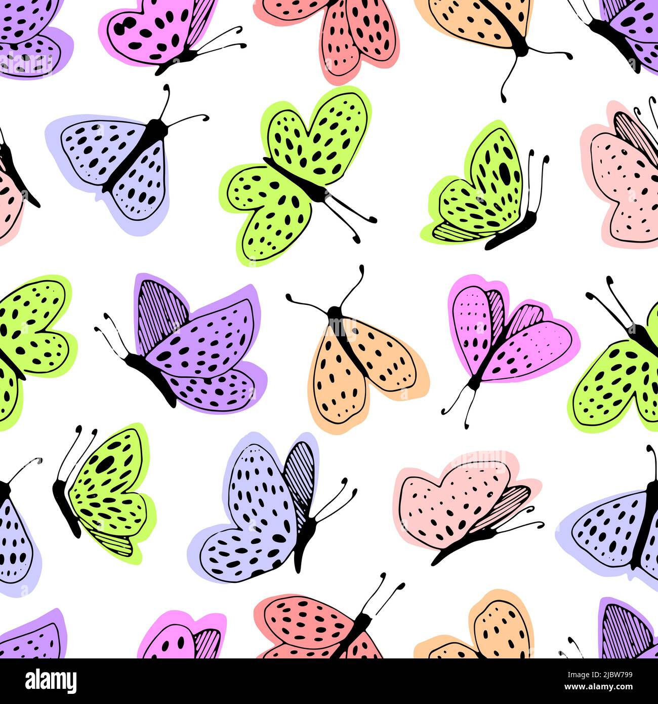 Multicolored moths on a white background vector seamless pattern. Line and spot. Stock Vector