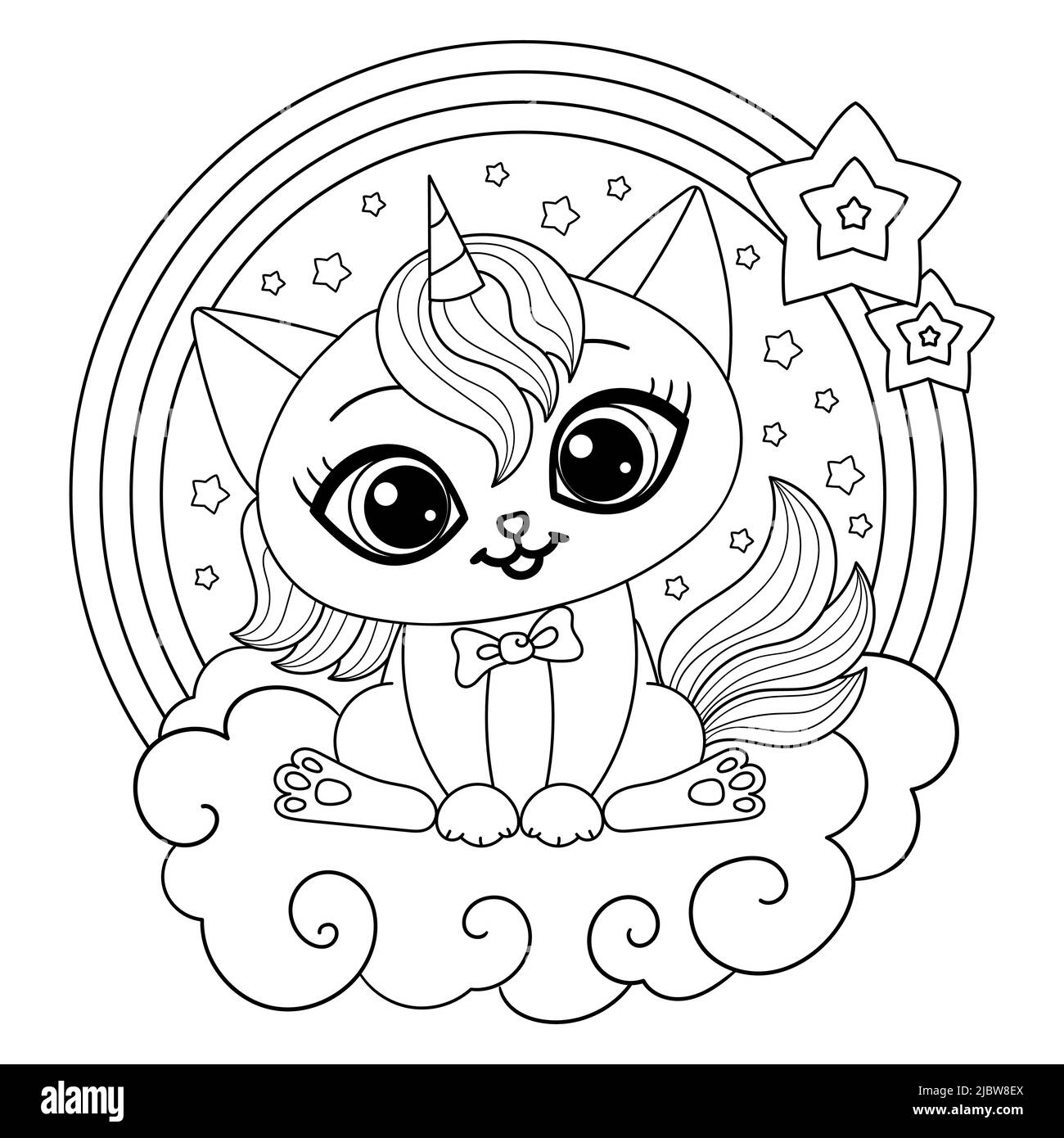 Cute unicorn cat. Black and white linear drawing. Vector Stock Vector