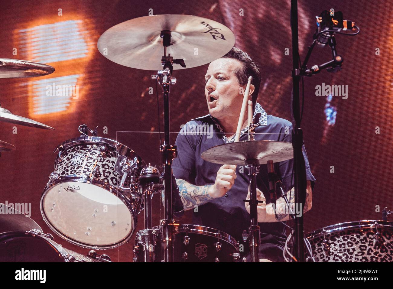 Copenhagen, Denmark. 07th, June 2022. The American rock band Green Day performs a live concert at Forum at Frederiksberg, Copenhagen. Here drummer Tre Cool is seen live on stage. (Photo credit: Gonzales Photo - Thomas Rungstrom). Stock Photo