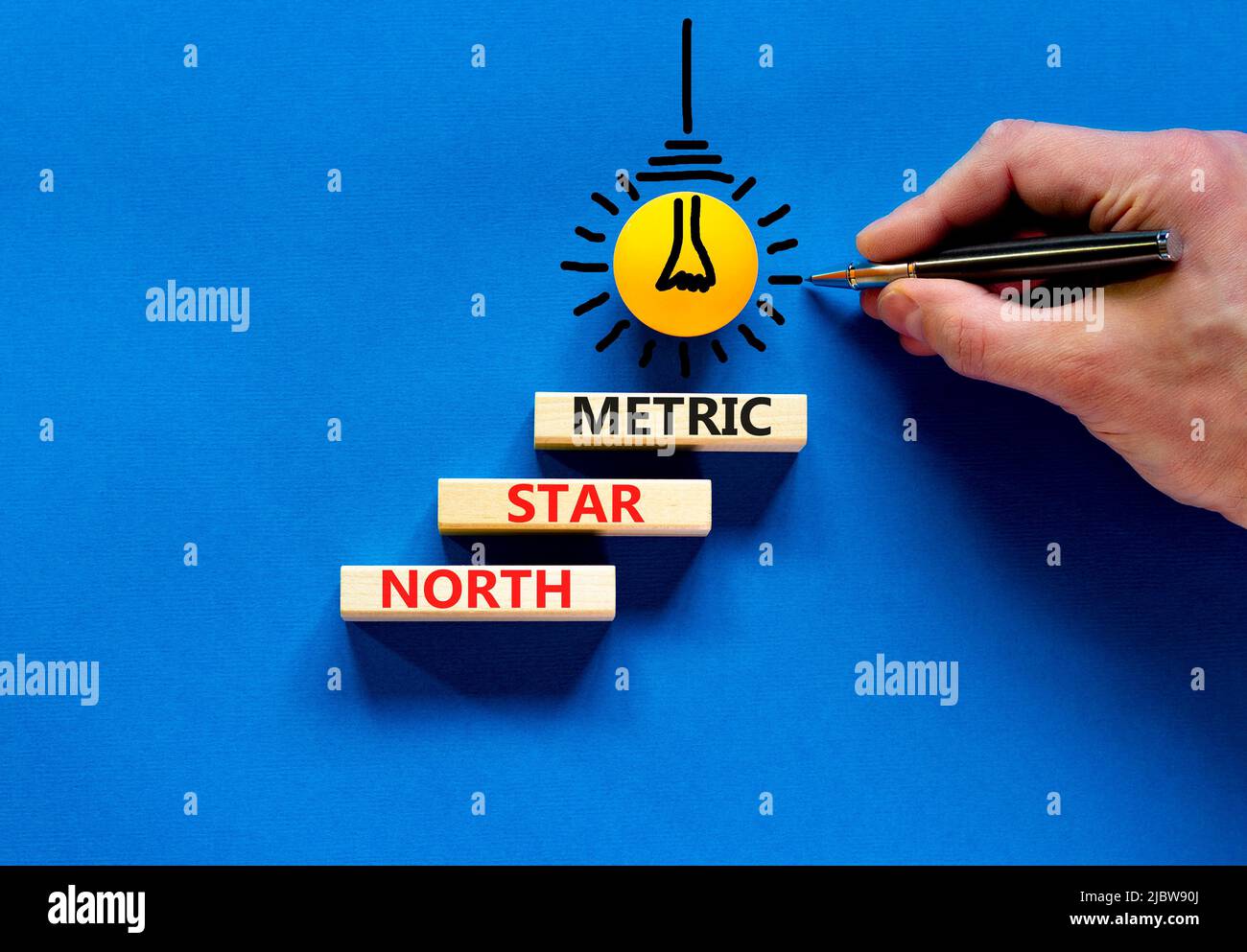 North star metric symbol. Concept words North star metric on wooden blocks on a beautiful blue table blue background. Businessman hand. Business finac Stock Photo