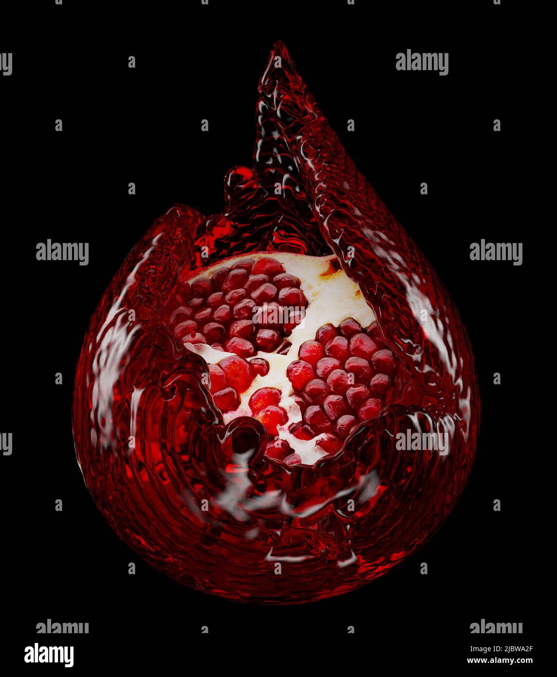pomegranate in juice splashing in shape of drop with clipping path on a black background. 3d rendering. Stock Photo