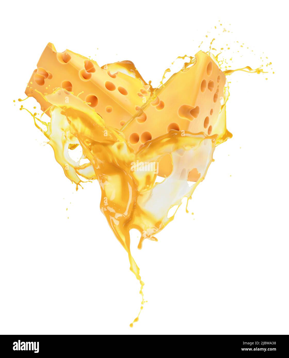 two pieces of cheese in splash with clipping path isolated on a white background.3d rendering. Stock Photo